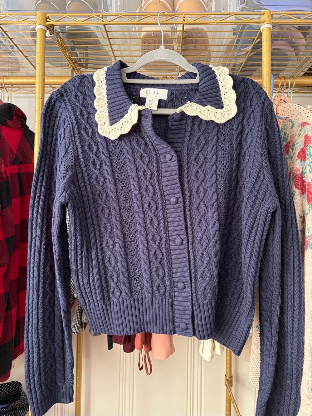 Jessica Simpson Navy Cable Knit Cardigan with Cream Crochet Collar